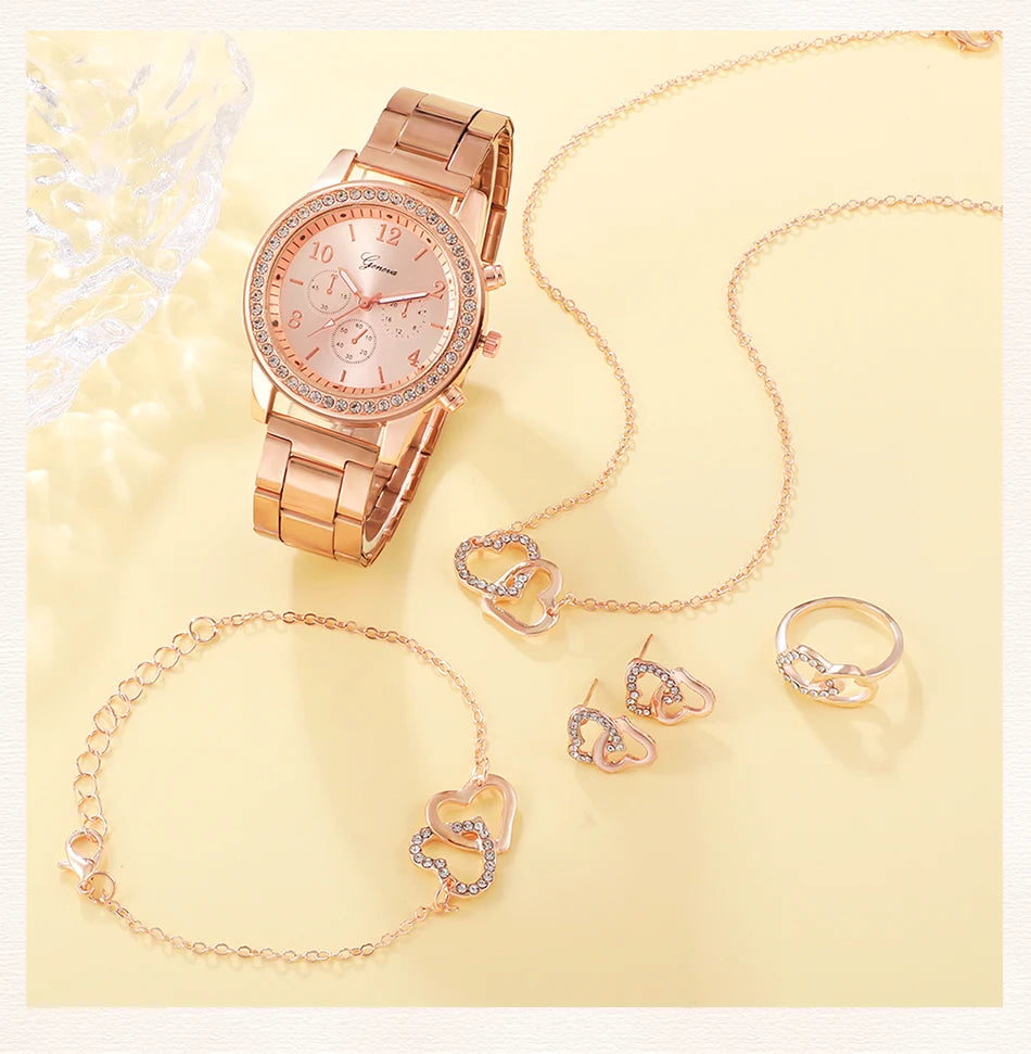 6PCS Set Rose Gold Luxury Watch Women Ring Necklace Earring Wristwatch Casual Ladies Bracelet