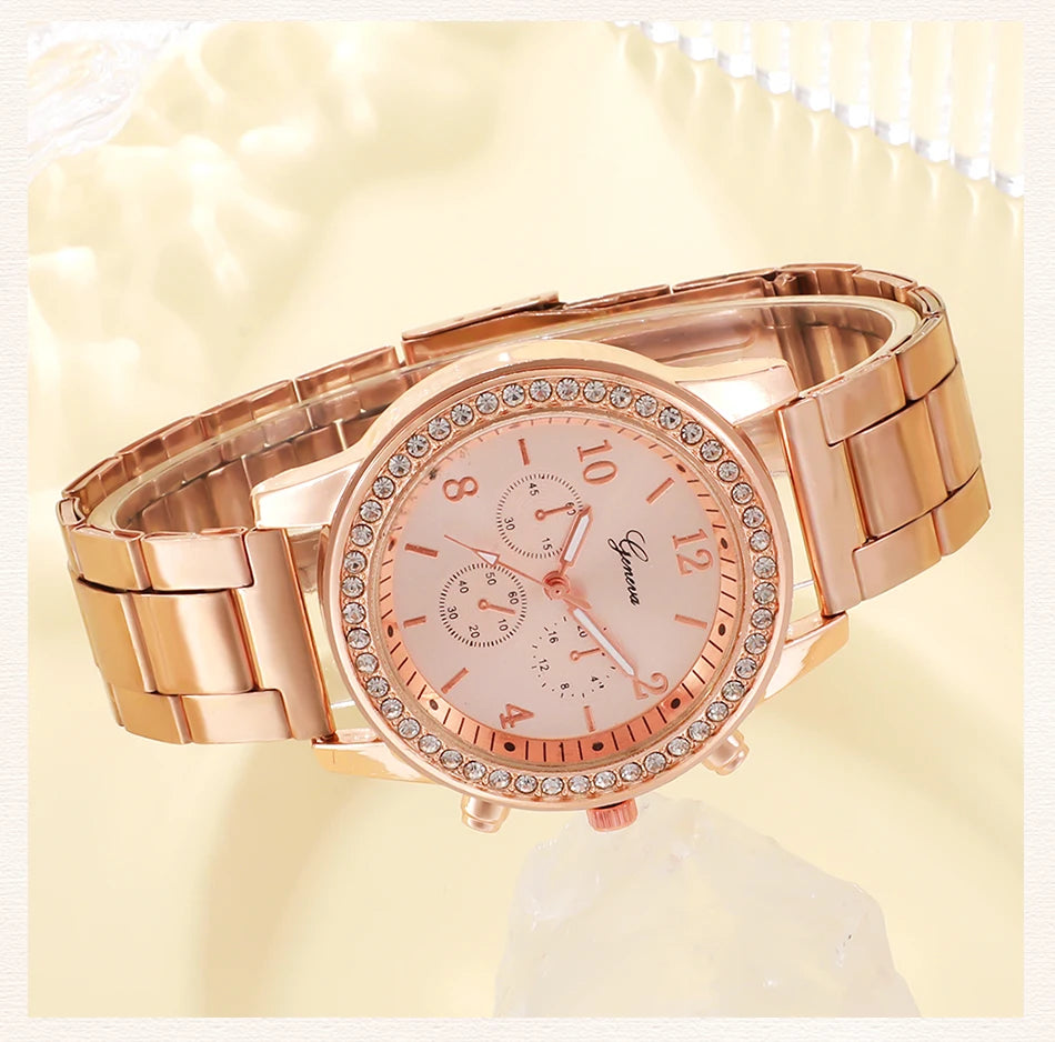 6PCS Set Rose Gold Luxury Watch Women Ring Necklace Earring Wristwatch Casual Ladies Bracelet