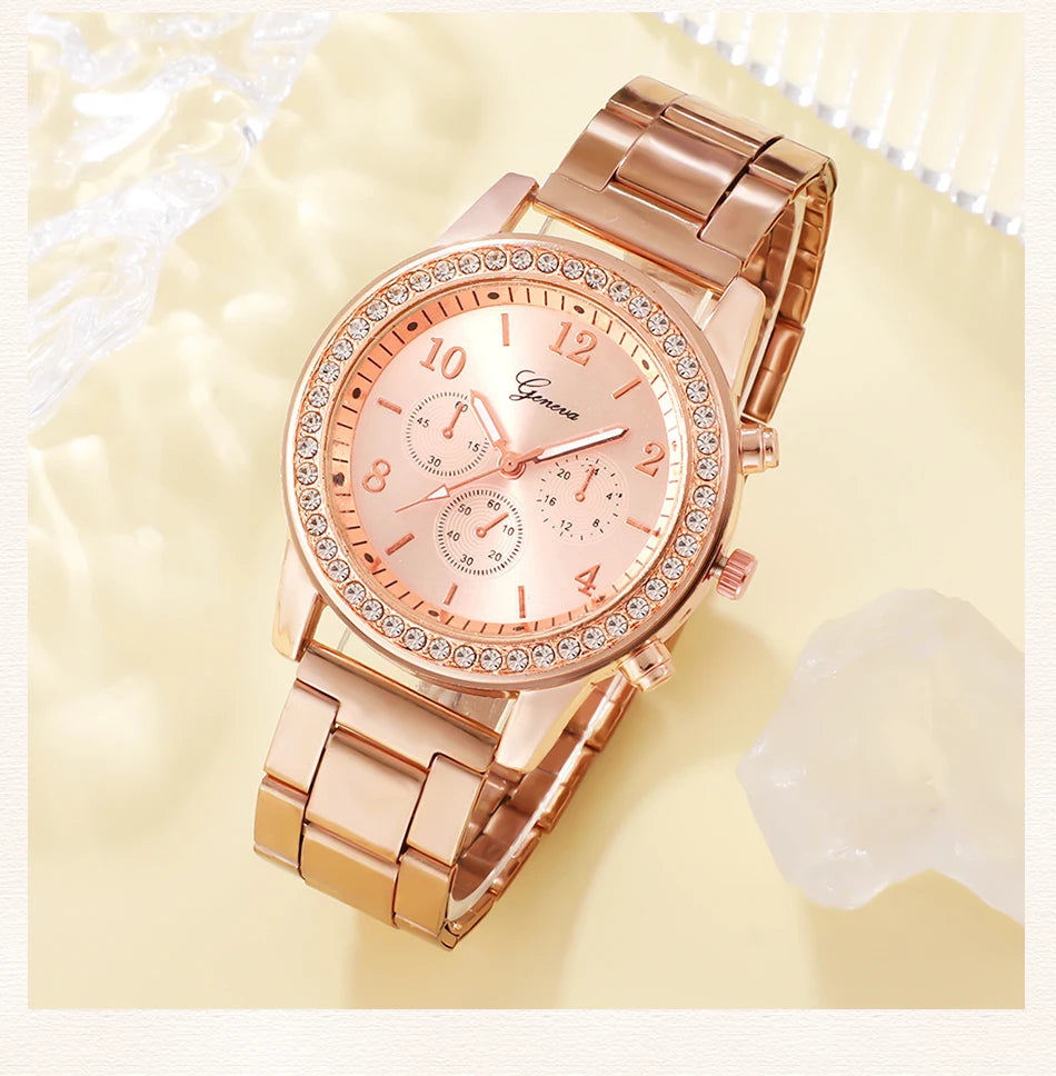 6PCS Set Rose Gold Luxury Watch Women Ring Necklace Earring Wristwatch Casual Ladies Bracelet