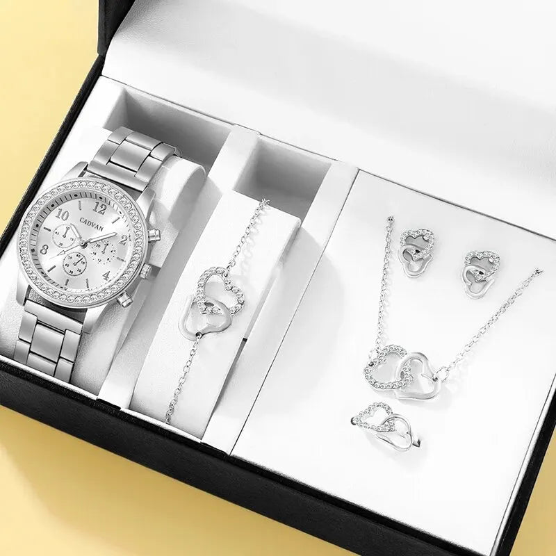 6PCS Set Rose Gold Luxury Watch Women Ring Necklace Earring Wristwatch Casual Ladies Bracelet