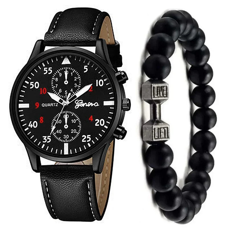 2PCS/Set Men Business Watches Fashion Arabic Dial Leather Band Mens Quartz Watch Bracelet Set Relogio Masculino
