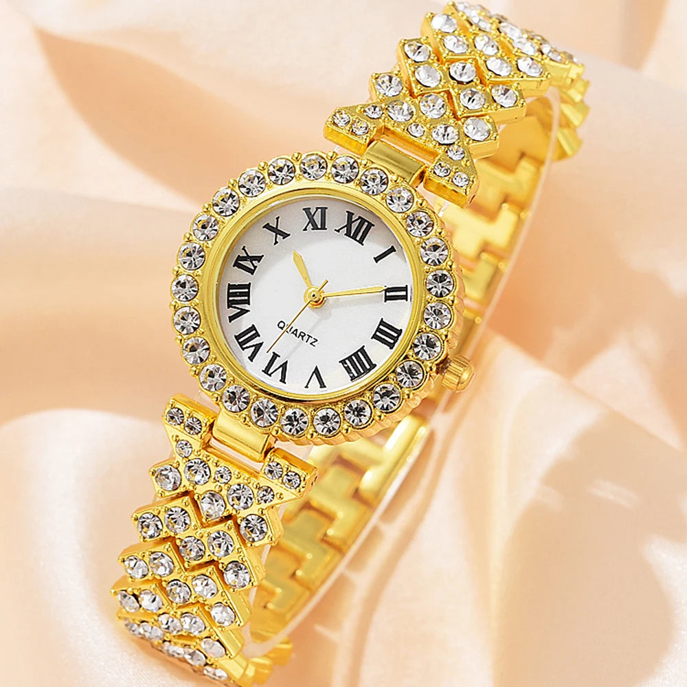 6Pcs Set Luxury Women Gold Watch Bracelet Necklace Ladies Diamond Quartz Wristwatch Gift