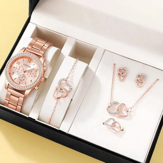 6PCS Set Rose Gold Luxury Watch Women Ring Necklace Earring Wristwatch Casual Ladies Bracelet