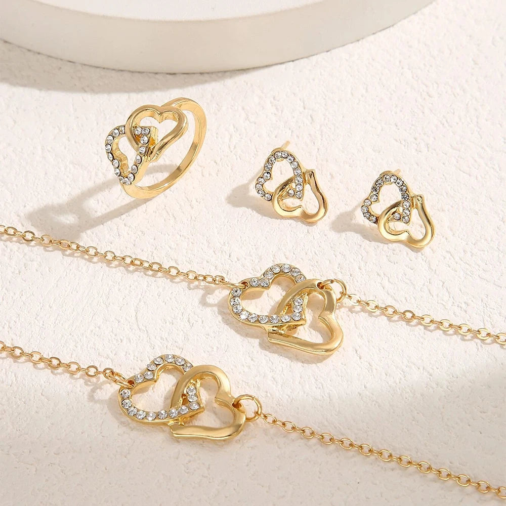 5 Piece Set Fashionable Elegant Gold Rhinestone Heart Shaped Jewelry Earrings Necklaces Bracelets Ring
