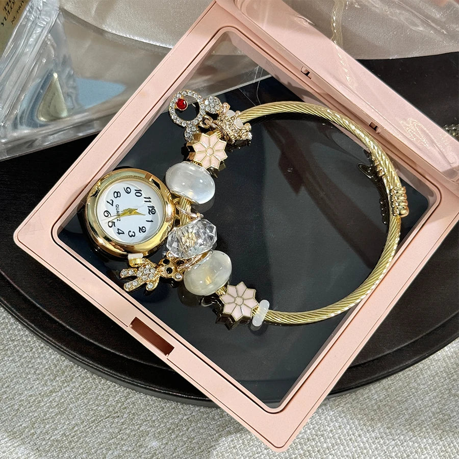 Gold Bracelet Watch Cross-border Adjustable  Beaded Small flower bracelet Watch
