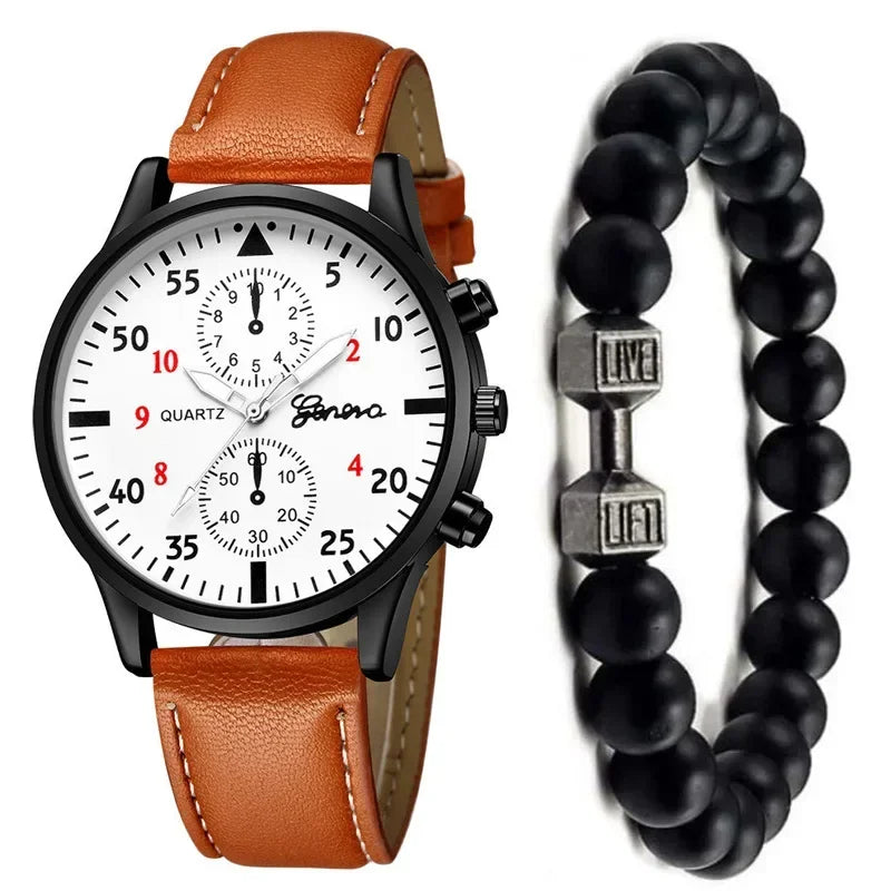 2PCS/Set Men Business Watches Fashion Arabic Dial Leather Band Mens Quartz Watch Bracelet Set Relogio Masculino