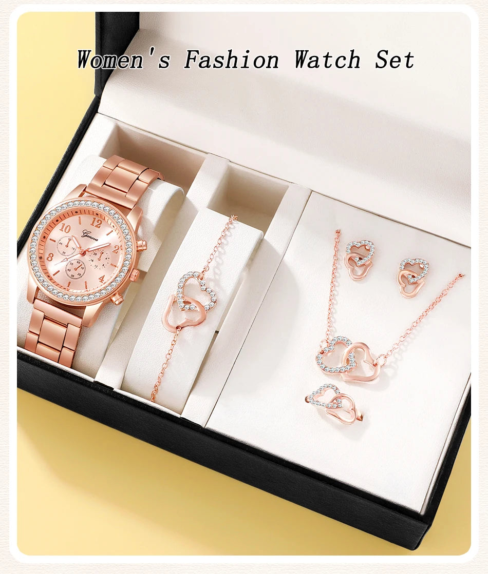 6PCS Set Rose Gold Luxury Watch Women Ring Necklace Earring Wristwatch Casual Ladies Bracelet