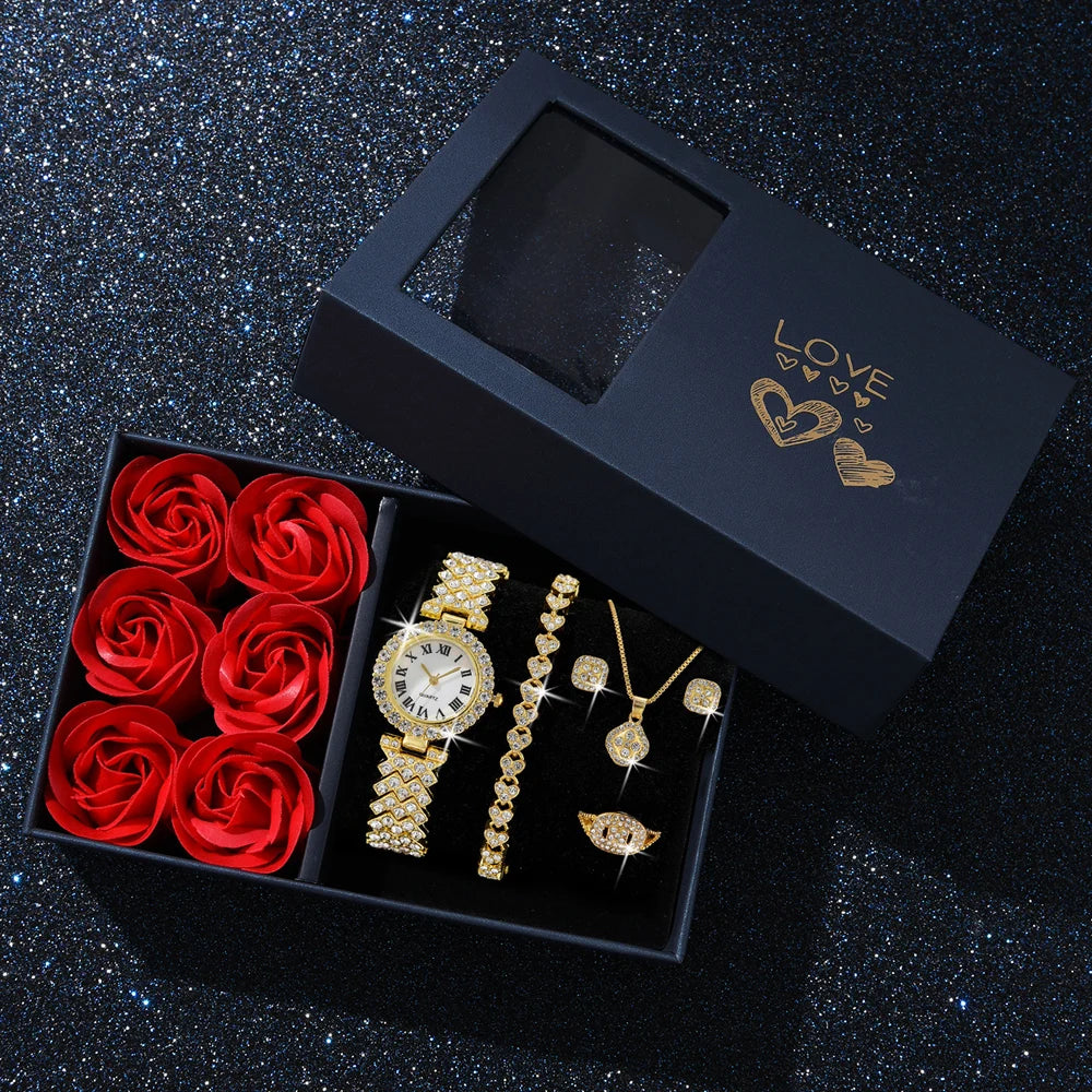 6Pcs Set Luxury Women Gold Watch Bracelet Necklace Ladies Diamond Quartz Wristwatch Gift