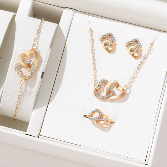 5 Piece Set Fashionable Elegant Gold Rhinestone Heart Shaped Jewelry Earrings Necklaces Bracelets Ring