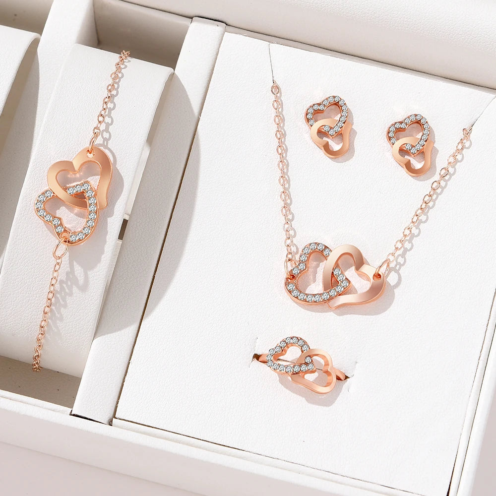 5 Piece Set Fashionable Elegant Gold Rhinestone Heart Shaped Jewelry Earrings Necklaces Bracelets Ring