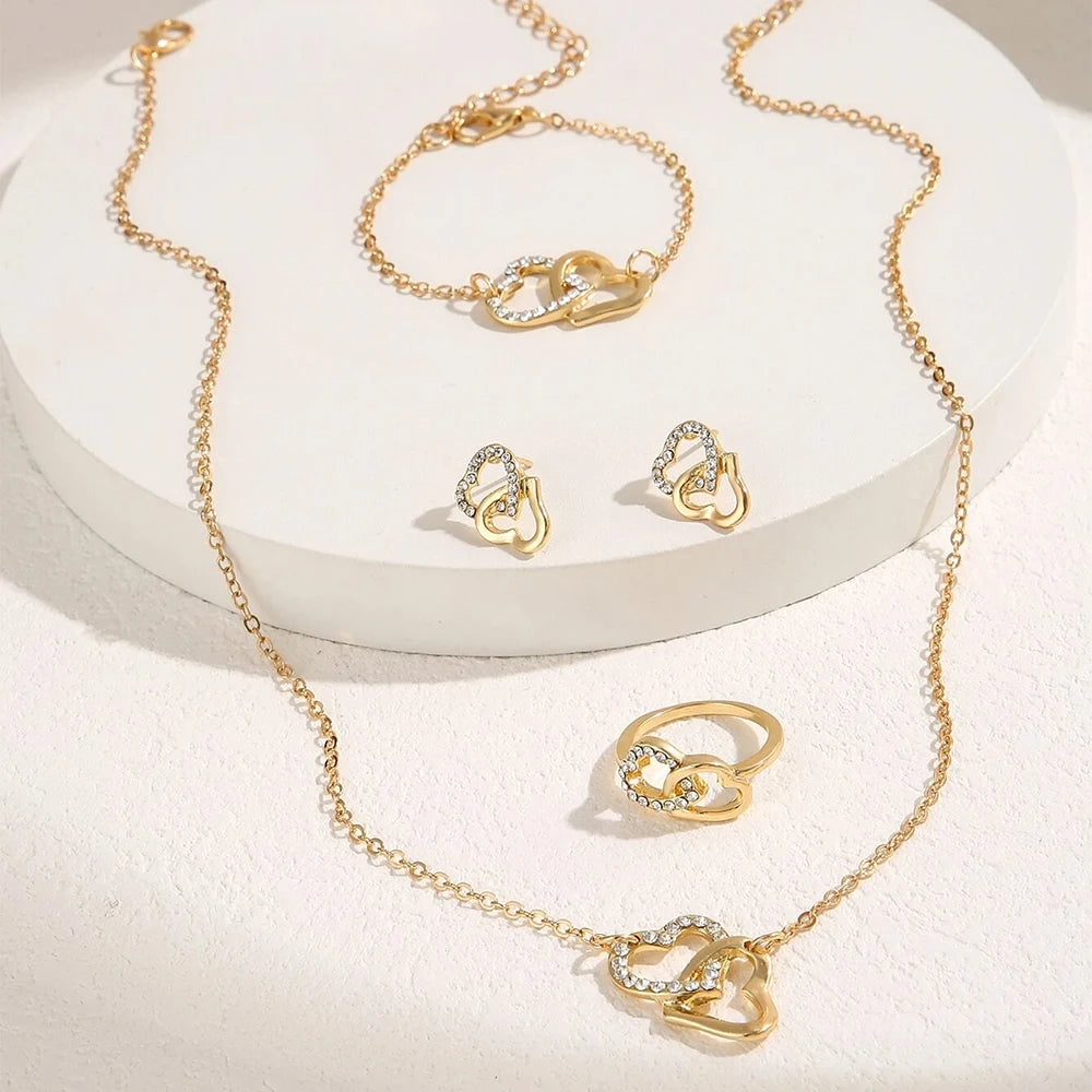 5 Piece Set Fashionable Elegant Gold Rhinestone Heart Shaped Jewelry Earrings Necklaces Bracelets Ring
