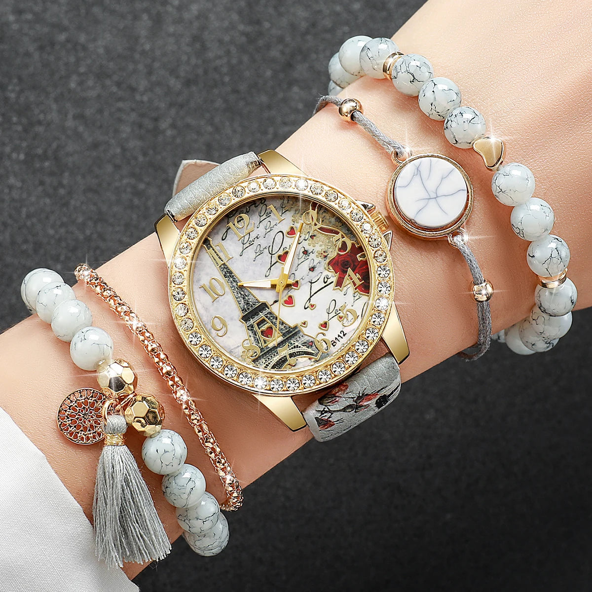 3/4/5PCS Fashion Rhinestone Women's Watch Flowers Printed Leather Quartz Watches