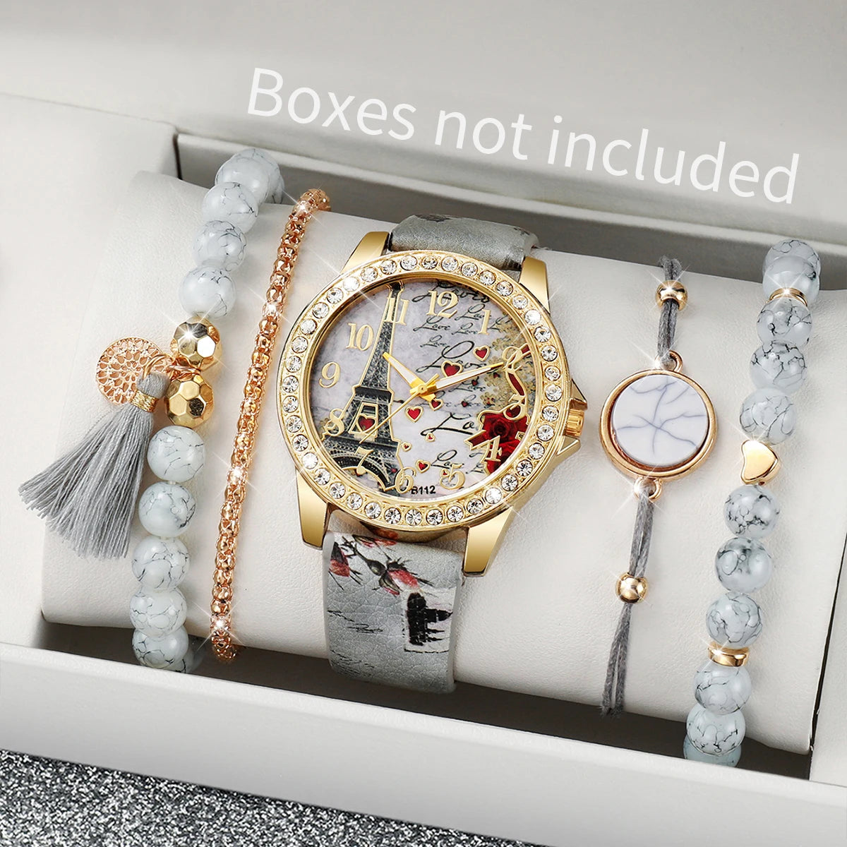 3/4/5PCS Fashion Rhinestone Women's Watch Flowers Printed Leather Quartz Watches