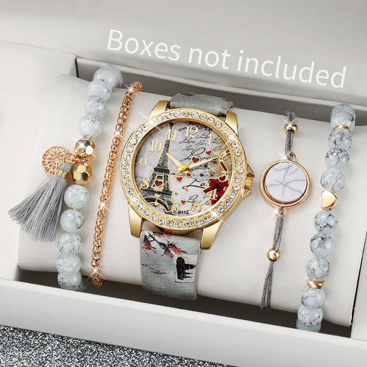 3/4/5PCS Fashion Rhinestone Women's Watch Flowers Printed Leather Quartz Watches
