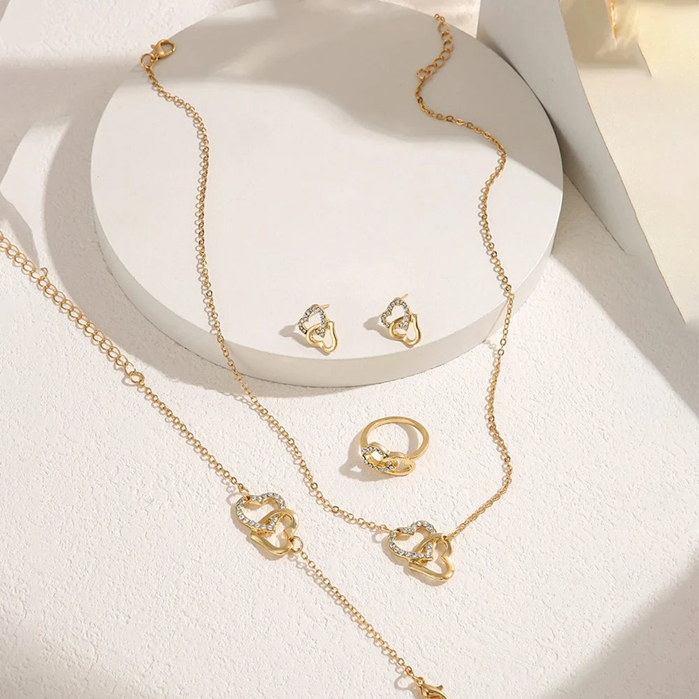 5 Piece Set Fashionable Elegant Gold Rhinestone Heart Shaped Jewelry Earrings Necklaces Bracelets Ring