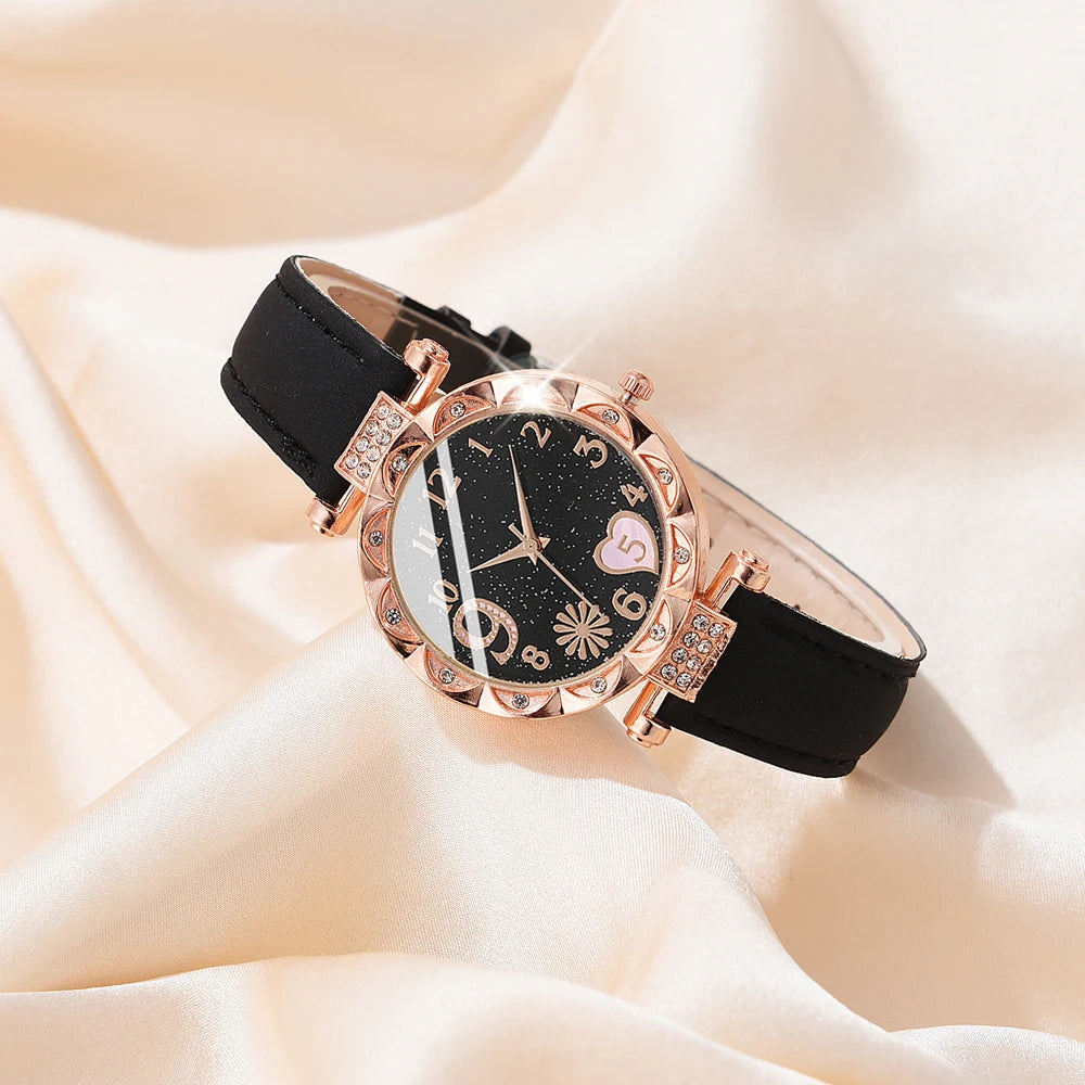 6PCS Set Watch For Women Luxury Leather Analog Ladies Quartz Wrist Watch/ Bracelet Watch