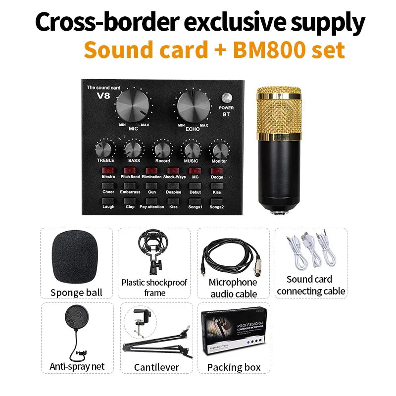 BM-800+V8 Condenser Mic Kit Large Microphone & Sound Card Set for YY/Karaoke Live