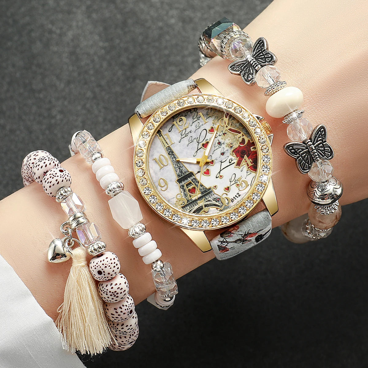 3/4/5PCS Fashion Rhinestone Women's Watch Flowers Printed Leather Quartz Watches