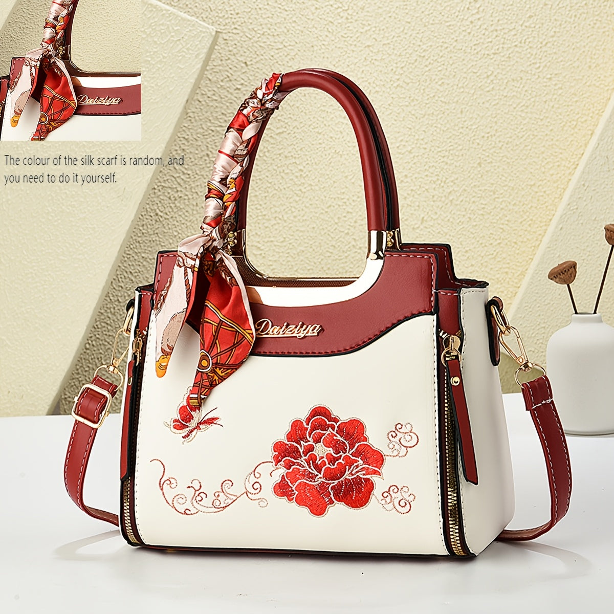 Women Colorful Handbag with Random Scarf Color Embroidered