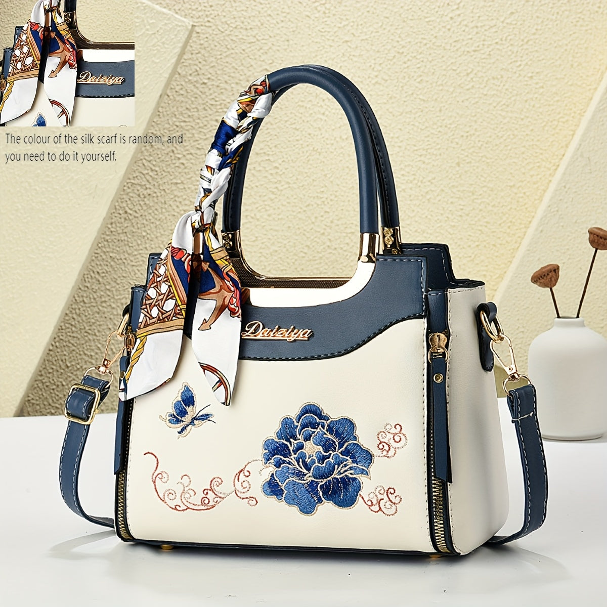 Women Colorful Handbag with Random Scarf Color Embroidered