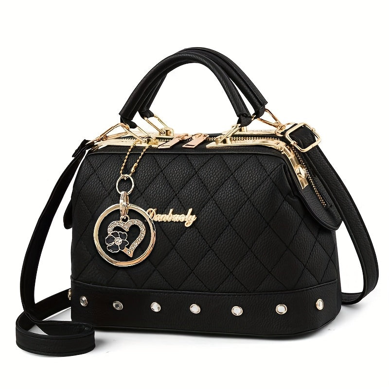Black women Bag with Golden-Tone Heart Rhinestone Charm