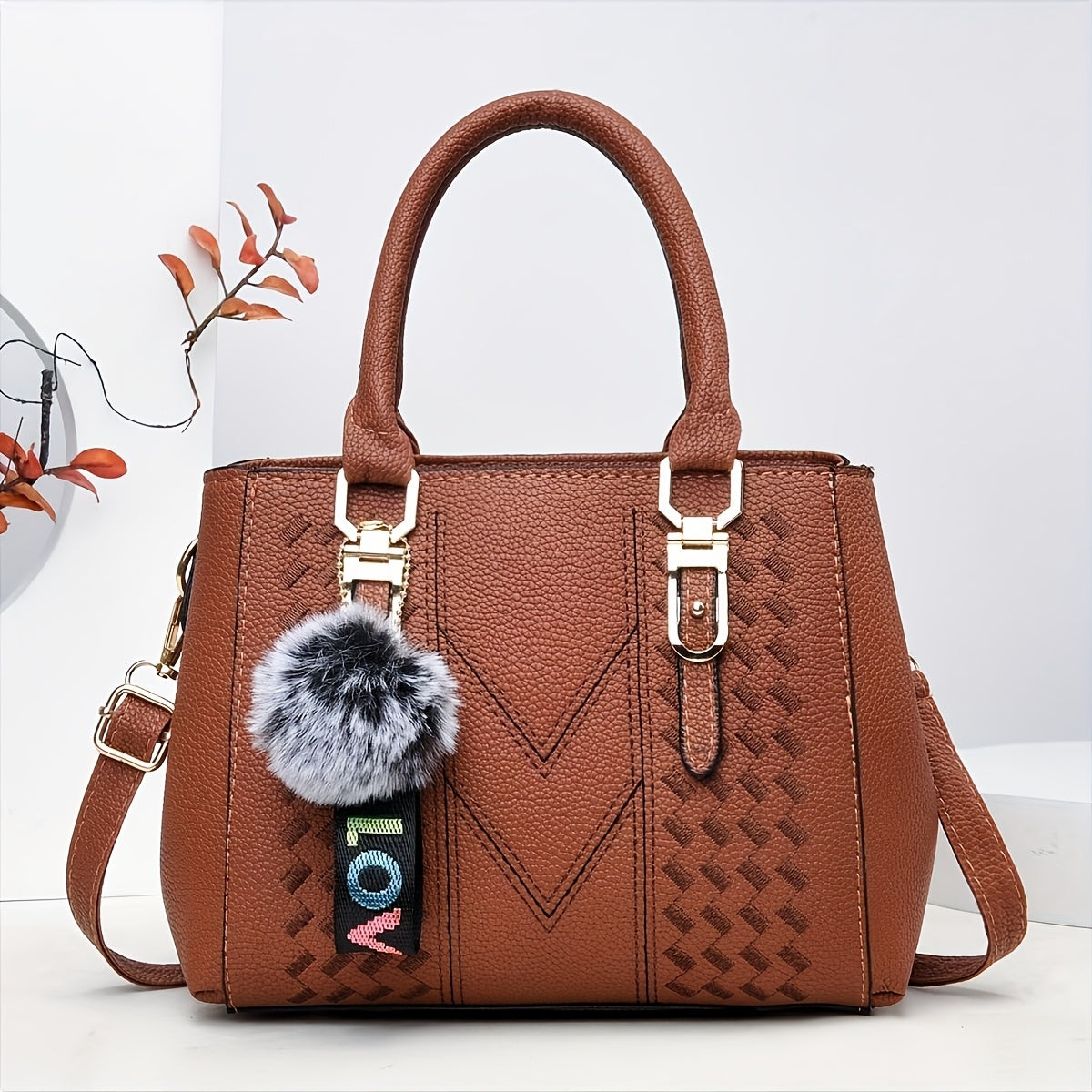 Elegant Black Women'S Handbag with Fluffy Pom-Pom Charm