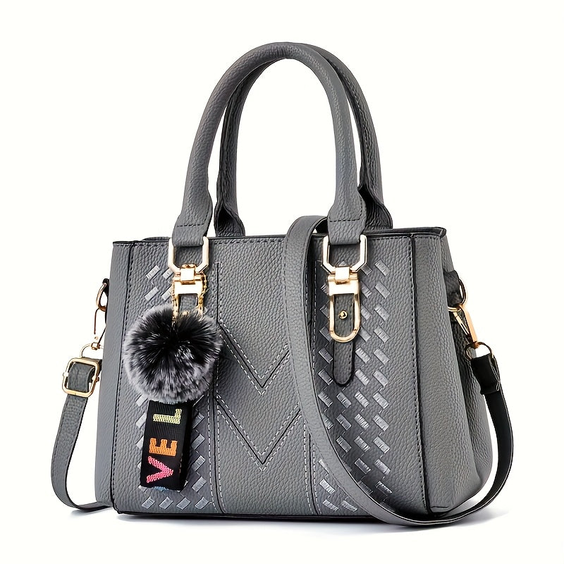 Elegant Black Women'S Handbag with Fluffy Pom-Pom Charm