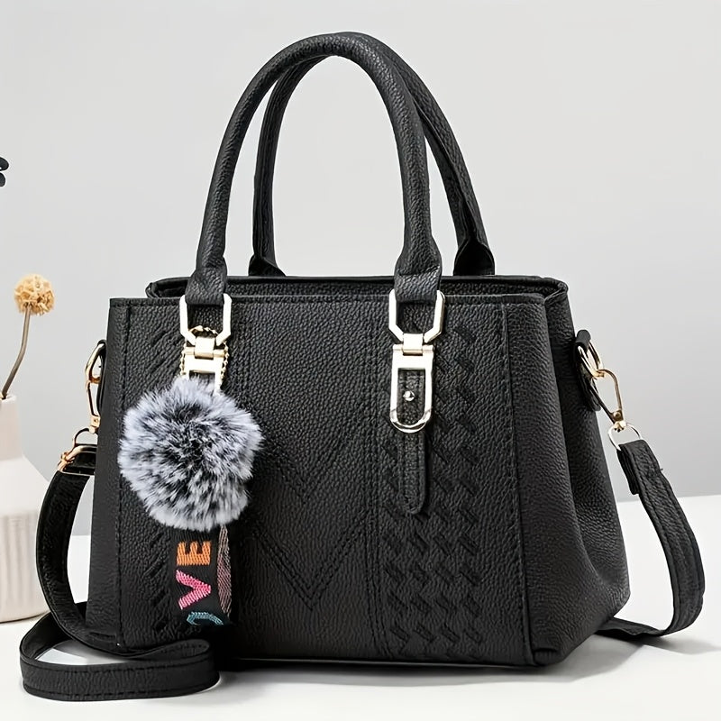 Elegant Black Women'S Handbag with Fluffy Pom-Pom Charm
