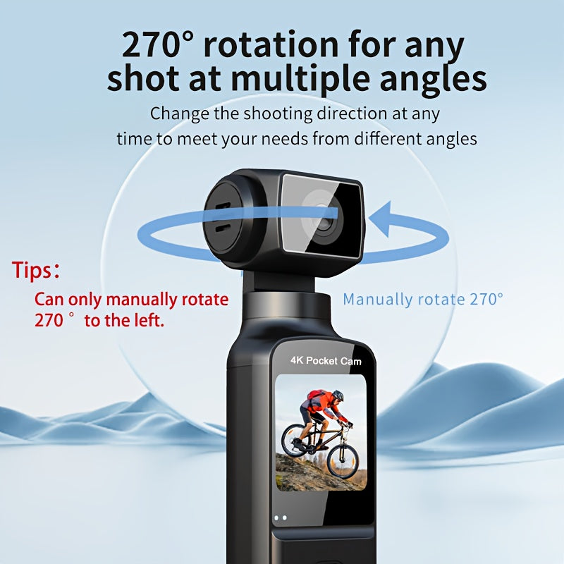 4K Pocket Action Digital Camera with 270° Rotating Lens & 3.38cm Screen