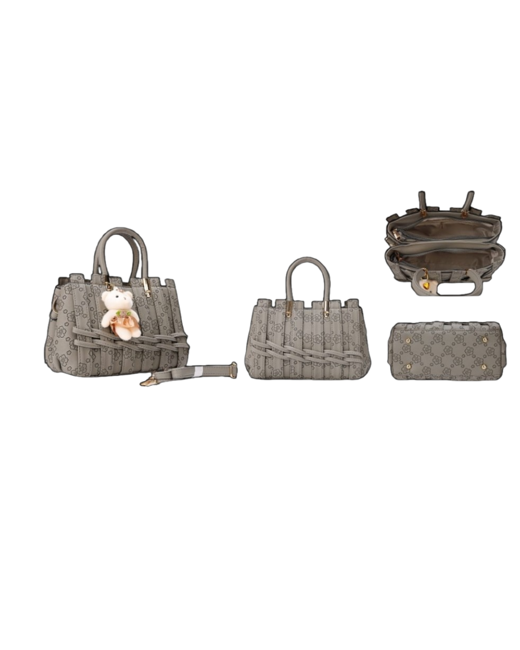 Elegant Floral Tote Handbag with Teddy Charm