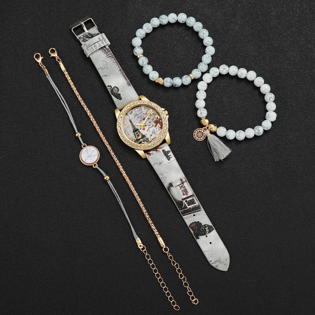 3/4/5PCS Fashion Rhinestone Women's Watch Flowers Printed Leather Quartz Watches