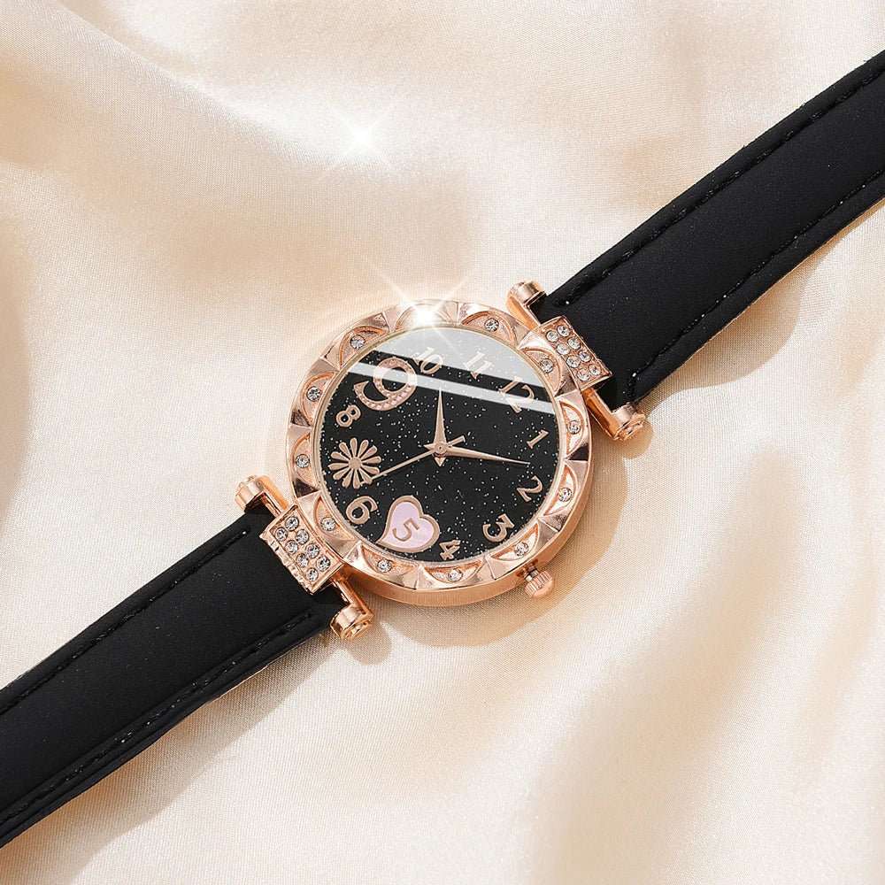 6PCS Set Watch For Women Luxury Leather Analog Ladies Quartz Wrist Watch/ Bracelet Watch