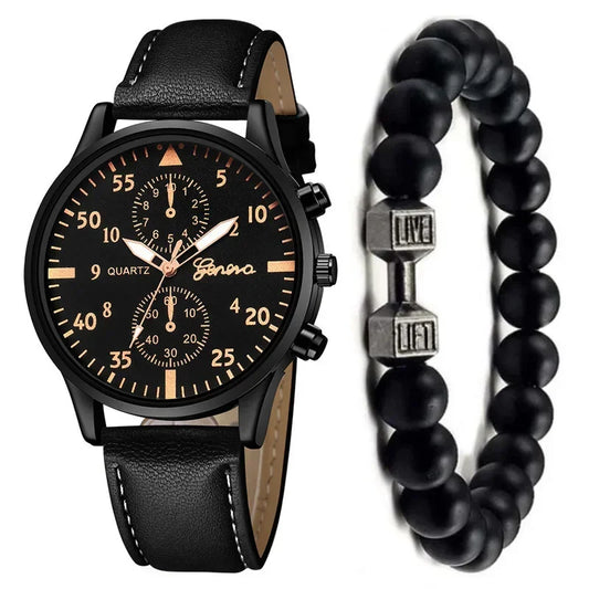 2PCS/Set Men Business Watches Fashion Arabic Dial Leather Band Mens Quartz Watch Bracelet Set Relogio Masculino