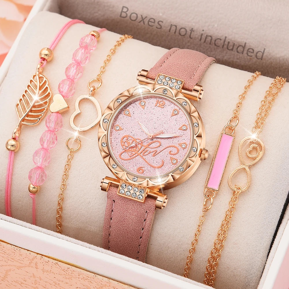 6PCS Set Watch For Women Luxury Leather Analog Ladies Quartz Wrist Watch/ Bracelet Watch