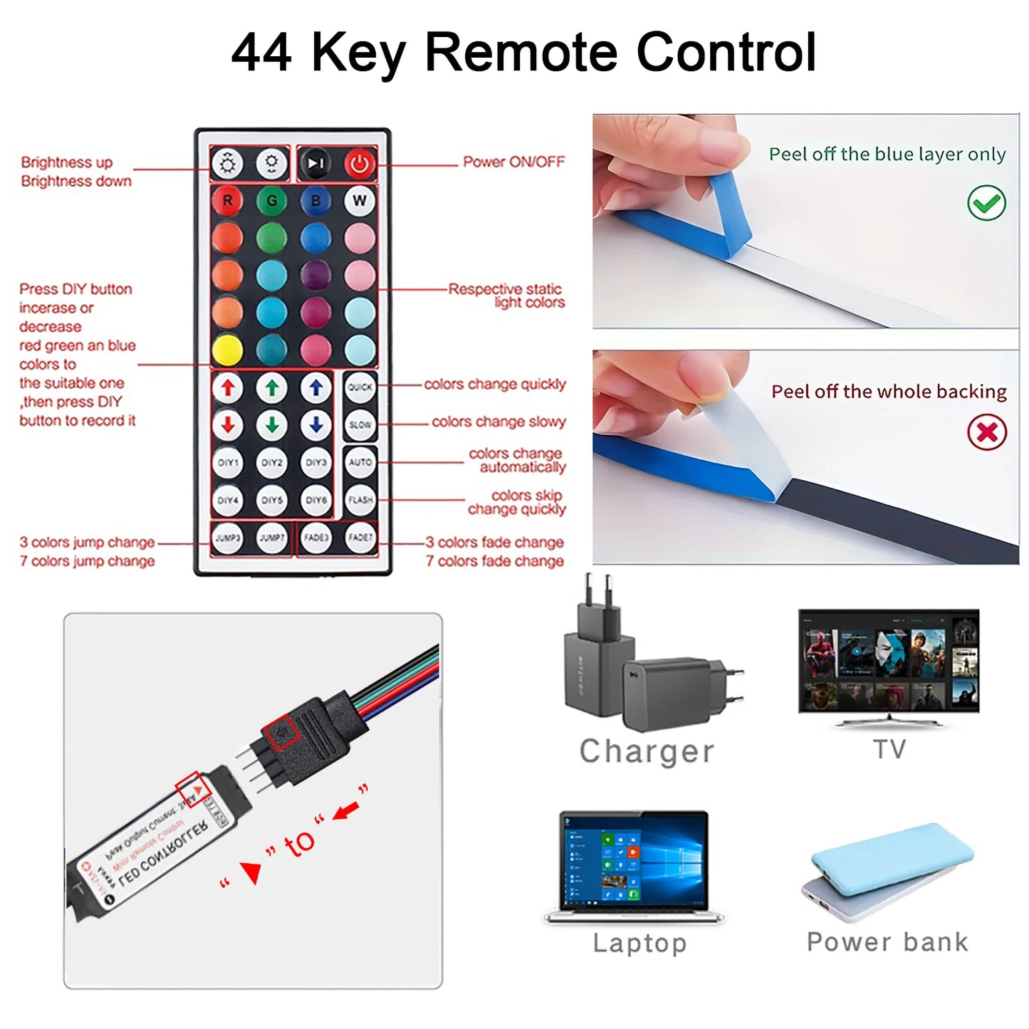 10m 20m Led Strip Lights with 44 Key Remote Control RGB Tape Led Wall Room