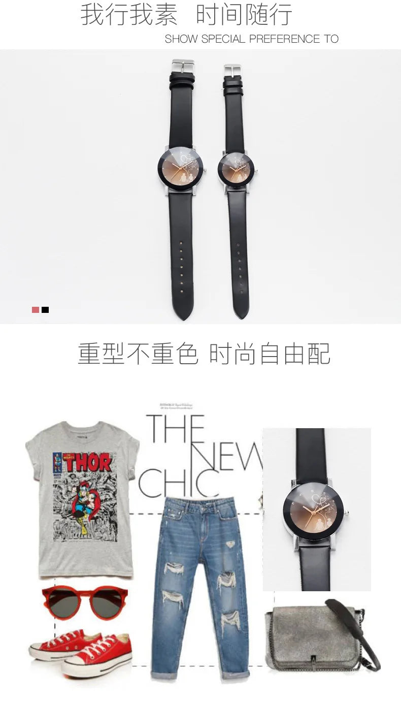 New Fashion Simple Black Dial parejas Back Couple Watch Korean Male Ladies Belt