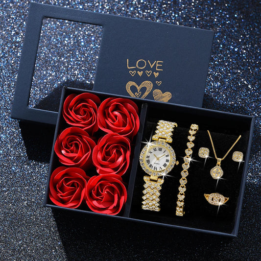 6Pcs Set Luxury Women Gold Watch Bracelet Necklace Ladies Diamond Quartz Wristwatch Gift
