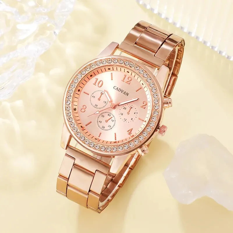 6PCS Set Rose Gold Luxury Watch Women Ring Necklace Earring Wristwatch Casual Ladies Bracelet