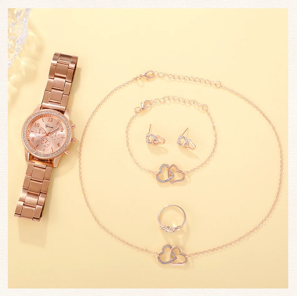 6PCS Set Rose Gold Luxury Watch Women Ring Necklace Earring Wristwatch Casual Ladies Bracelet