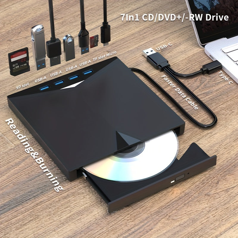 7-in-1 Multifunctional External Player/Reader/Writer Drive CD/DVD USB-C Portable