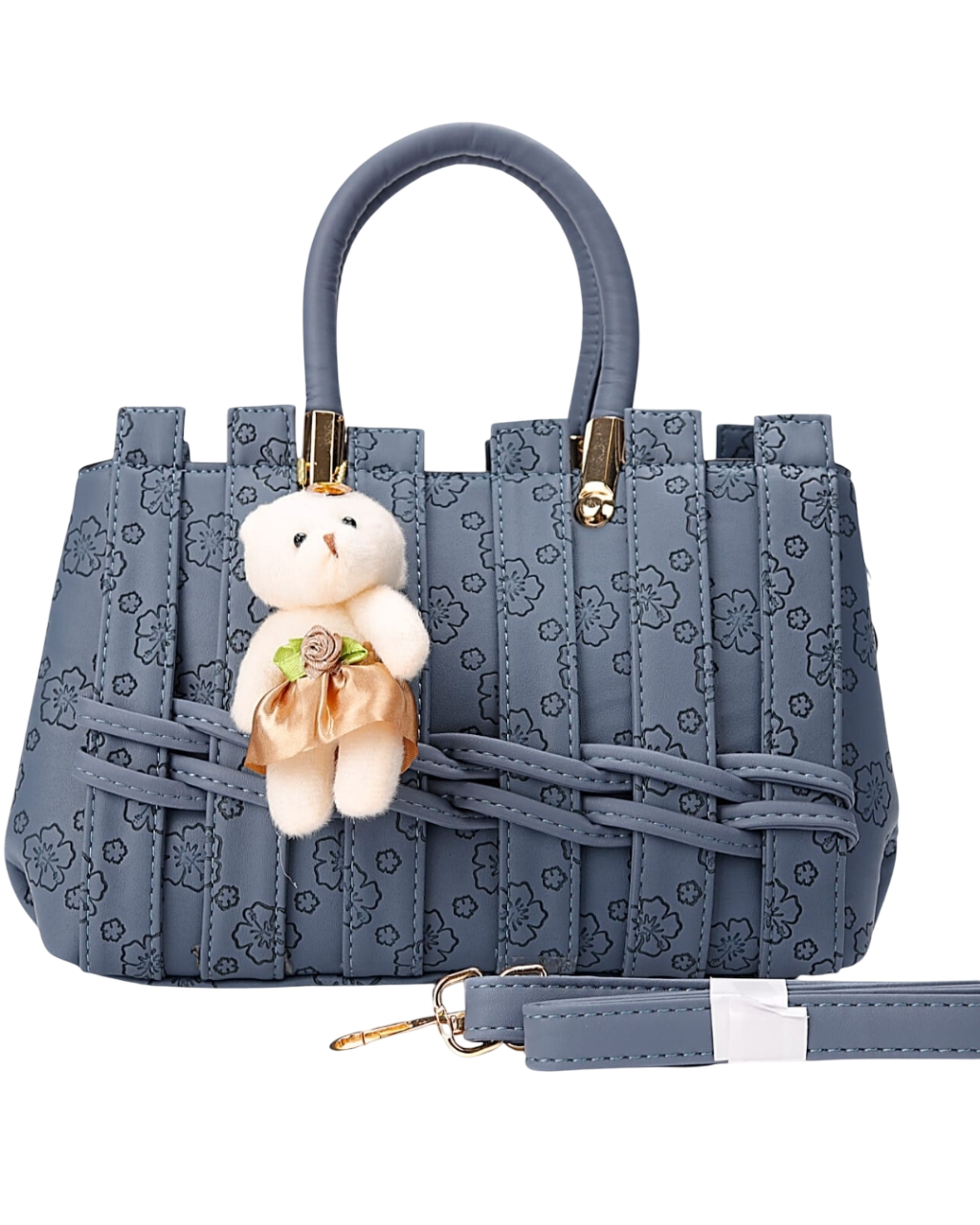Elegant Floral Tote Handbag with Teddy Charm