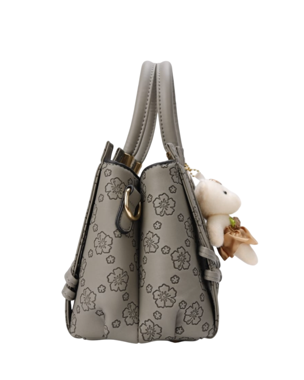 Elegant Floral Tote Handbag with Teddy Charm