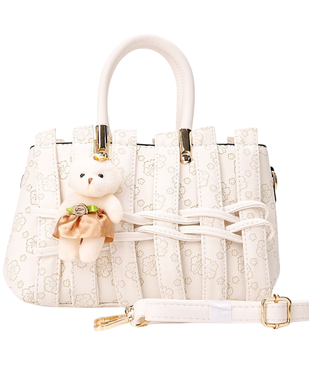 Elegant Floral Tote Handbag with Teddy Charm