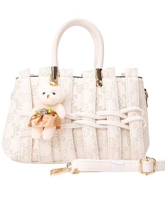 Elegant Floral Tote Handbag with Teddy Charm