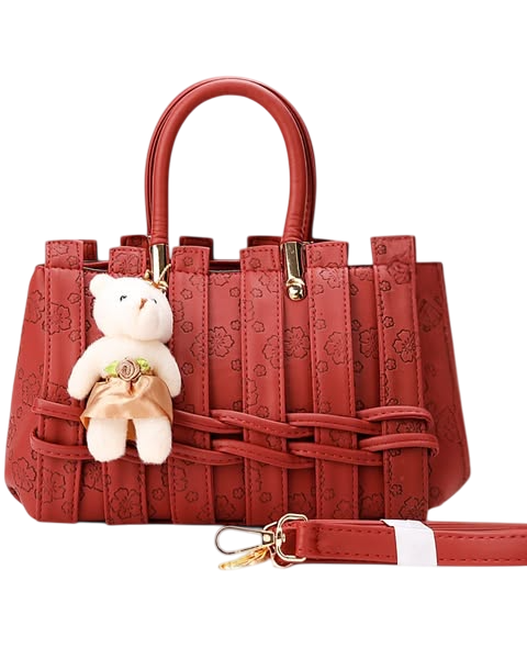 Elegant Floral Tote Handbag with Teddy Charm